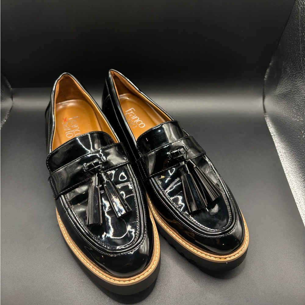 Franco Sarto Patent Leather Tassel Loafers Lug Sole Black Women’s Size 8M